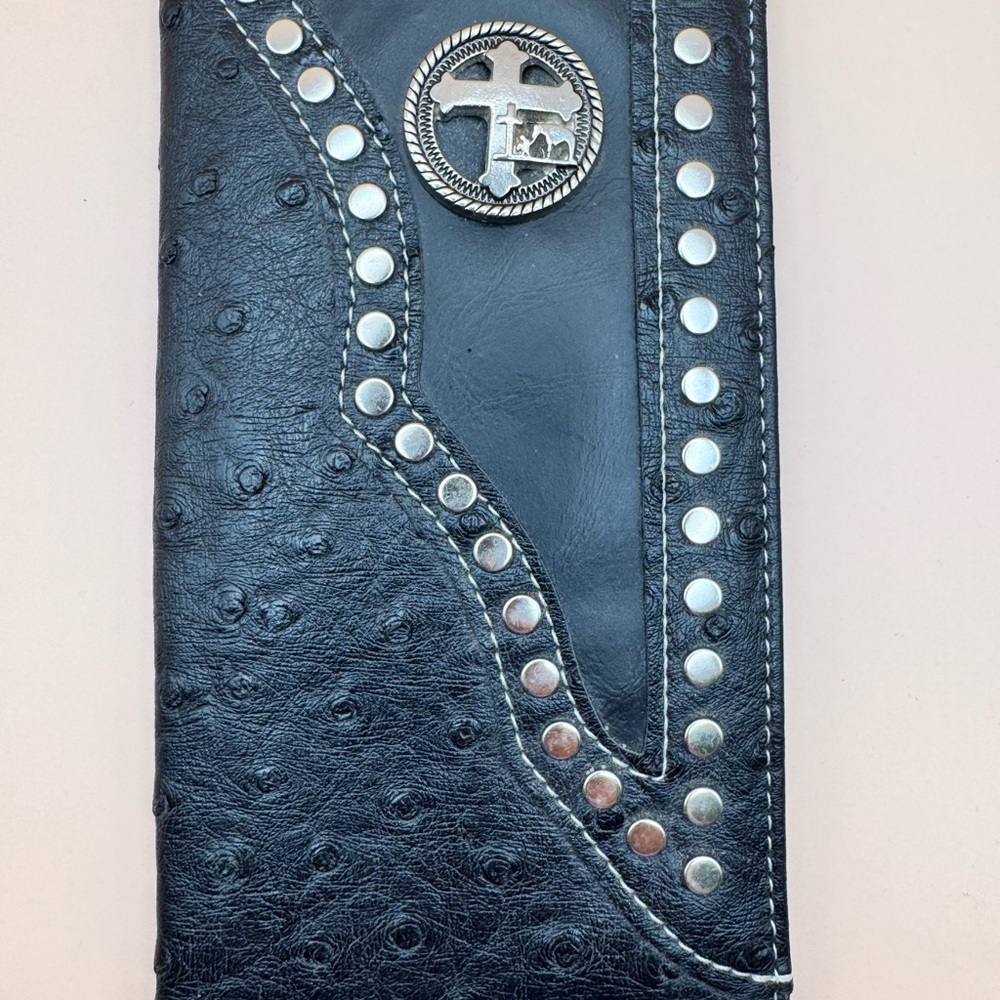 Black Studded Wallet with Cross Emblem